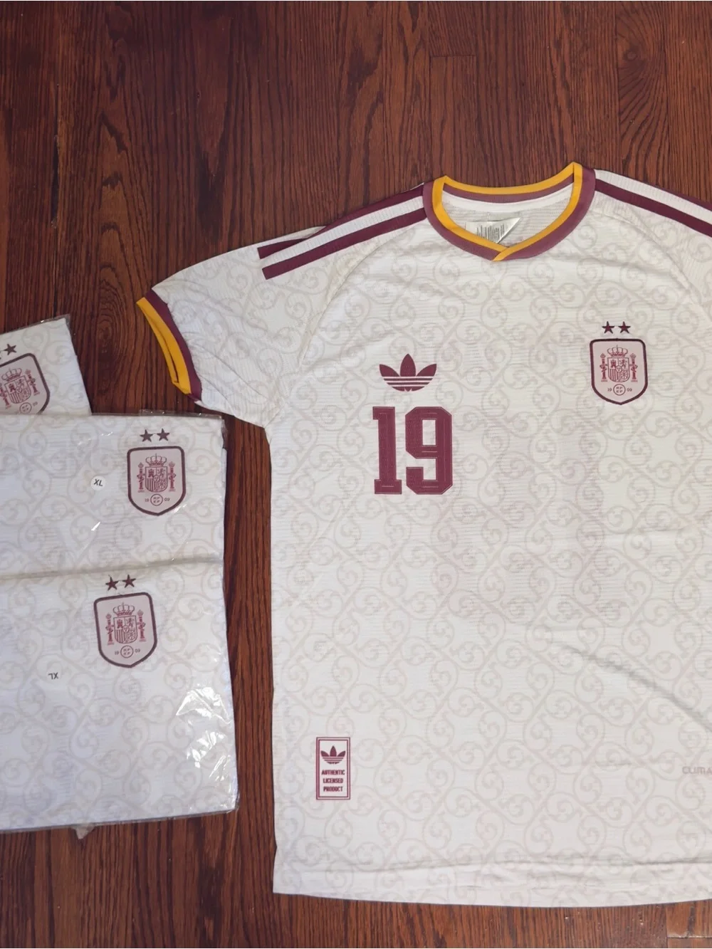 adidas White and Maroon Spain Lamine Yamal #19 Soccer Jersey